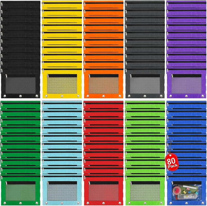 IKAYAS 80 Pack Pencil Pouch for 3 Ring Binder bulk Binder Pencil Pouch with Zipper, Pencil Pouches Pencil Bags for Classroom bulk Pencil Box Pencil Case for Storing School Students Teacher Supplies - Image 1